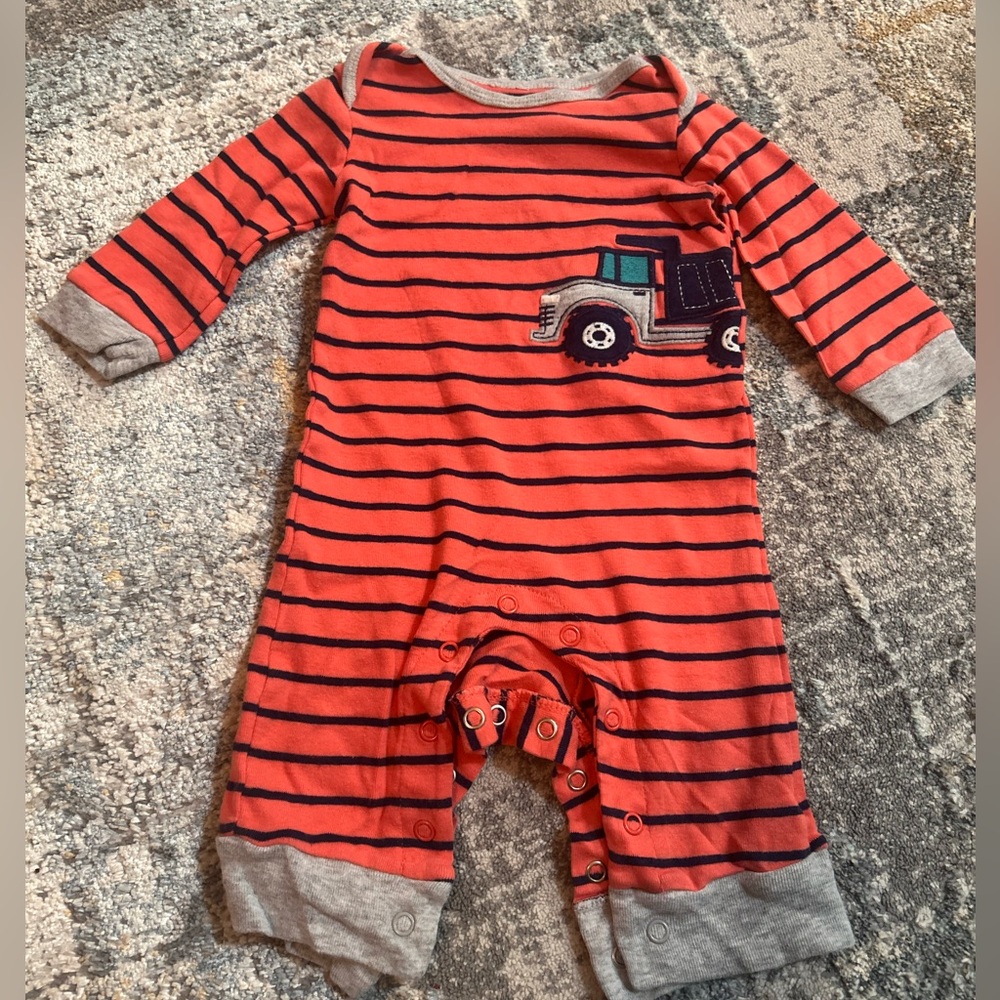 Carter's Red and Gray Striped One Piece with Truck